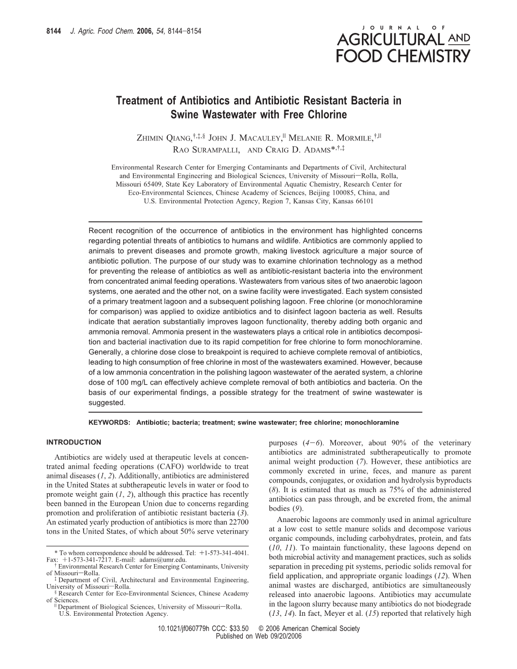 Treatment of Antibiotics and Antibiotic Resistant Bacteria in Swine Wastewater with Free Chlorine