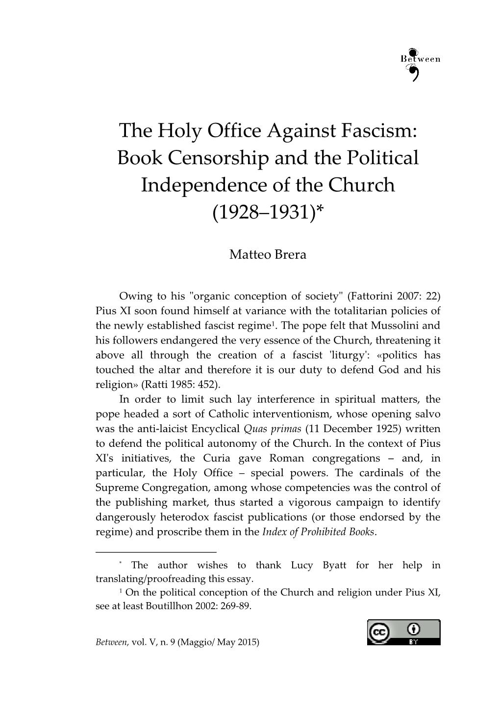 The Holy Office Against Fascism: Book Censorship and the Political Independence of the Church (1928–1931)*