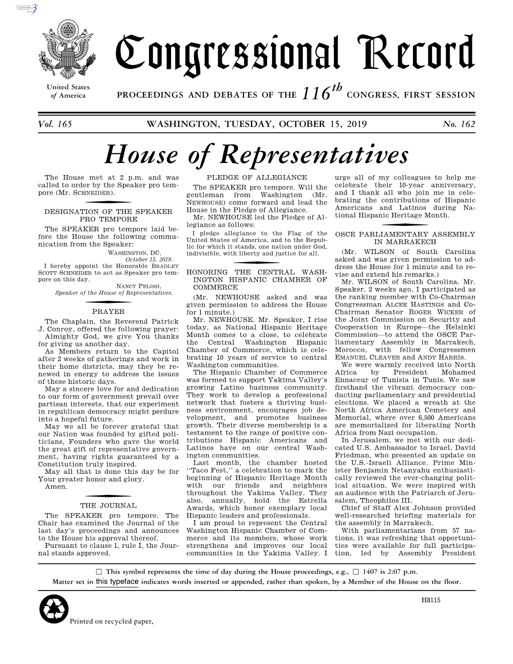 Congressional Record United States Th of America PROCEEDINGS and DEBATES of the 116 CONGRESS, FIRST SESSION