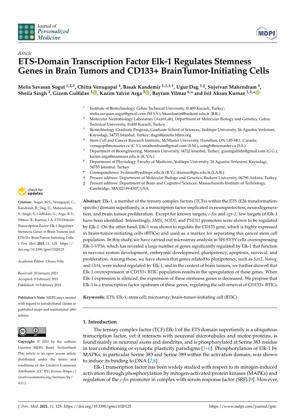 ETS-Domain Transcription Factor Elk-1 Regulates Stemness Genes in Brain Tumors and CD133+ Braintumor-Initiating Cells