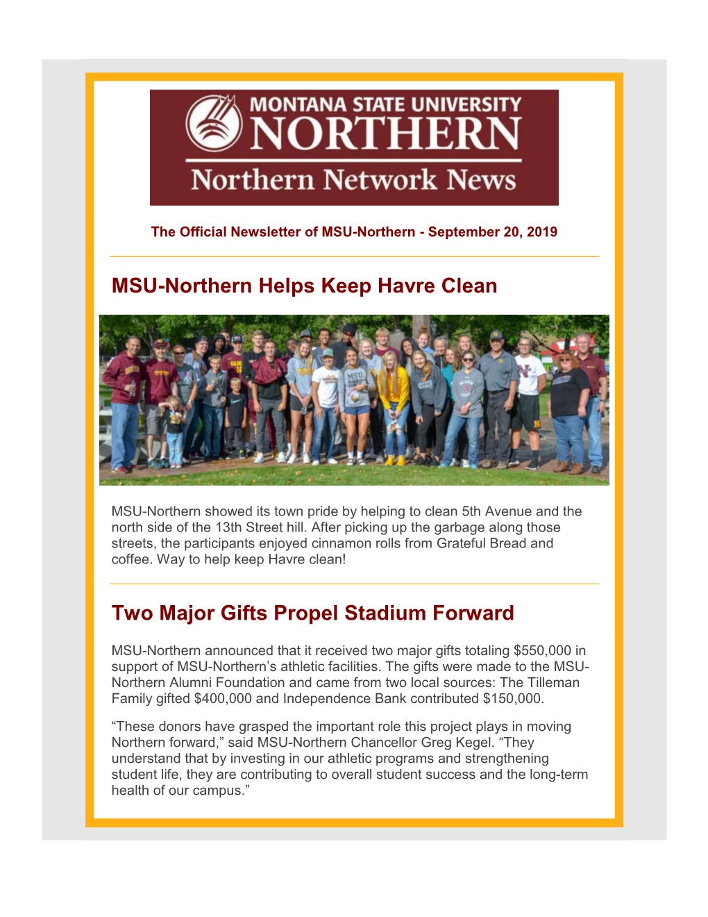 MSU-Northern Helps Keep Havre Clean Two Major Gifts Propel