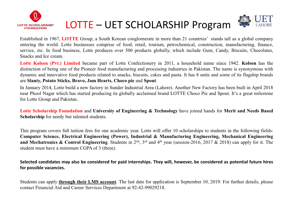 LOTTE – UET SCHOLARSHIP Program