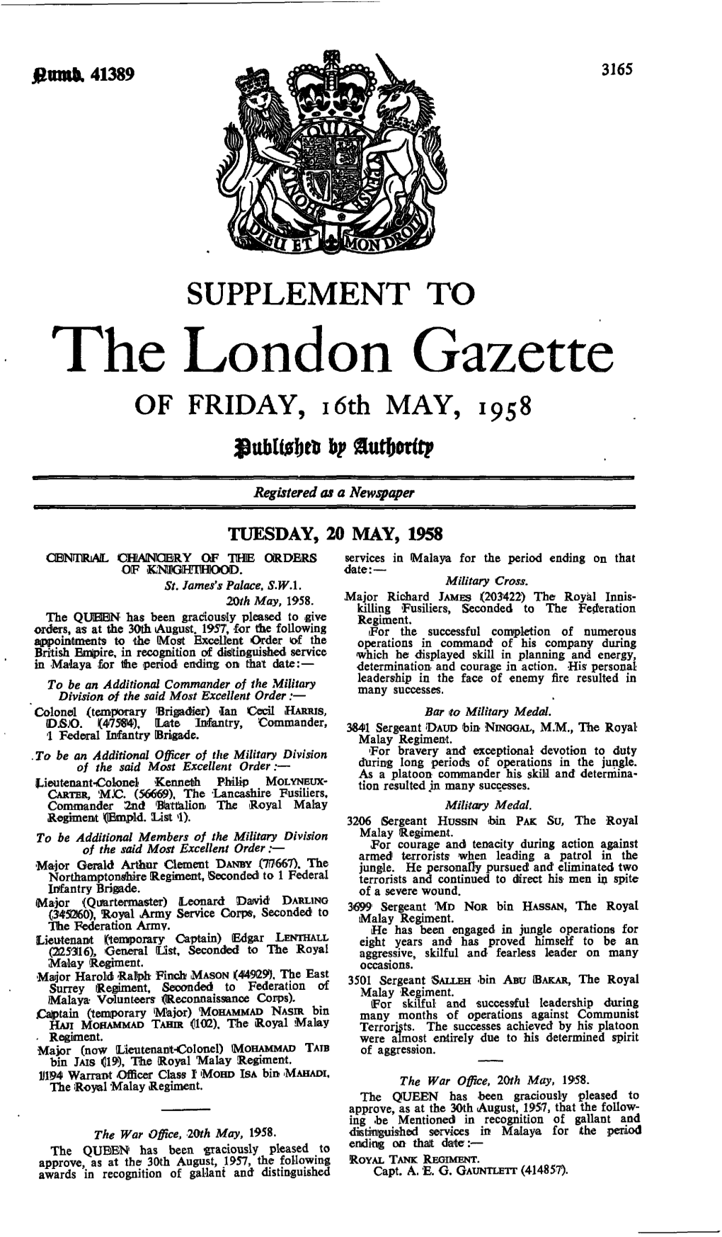 The London Gazette of FRIDAY, 16Th MAY, 1958 Sutftorftp