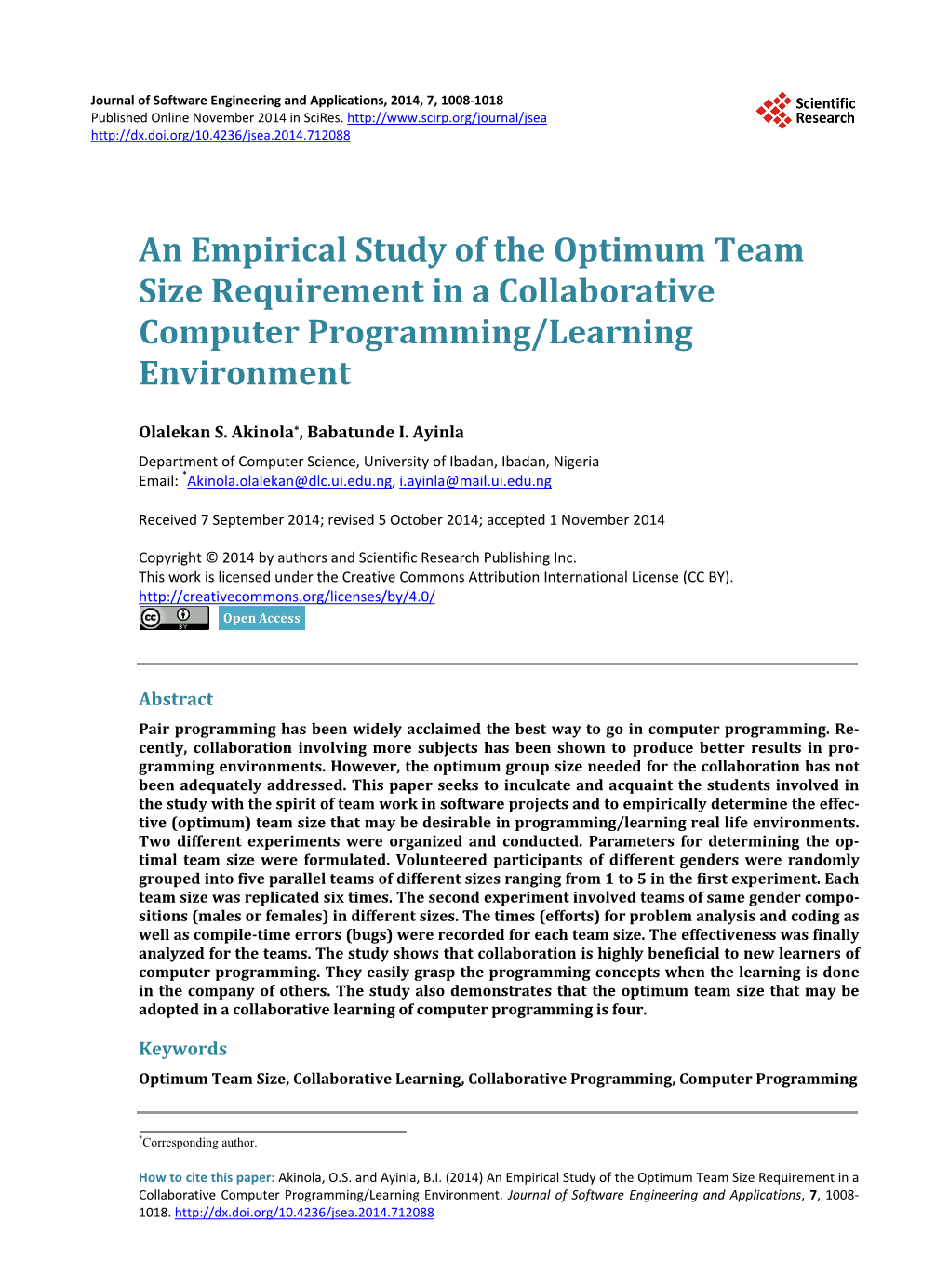 An Empirical Study of the Optimum Team Size Requirement in a Collaborative Computer Programming/Learning Environment