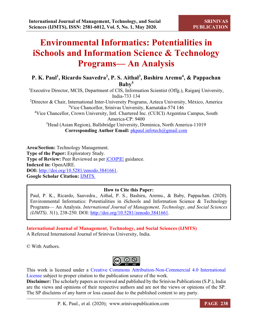 Environmental Informatics: Potentialities in Ischools and Information Science & Technology Programs— an Analysis