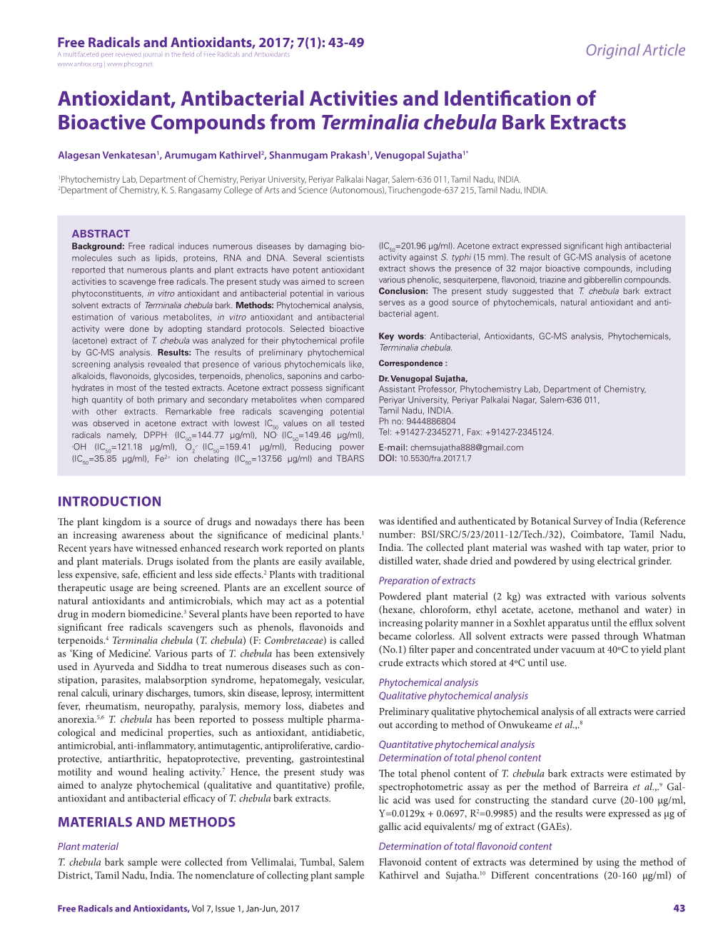 Antioxidant, Antibacterial Activities and Identification of Bioactive Compounds from Terminalia Chebula Bark Extracts