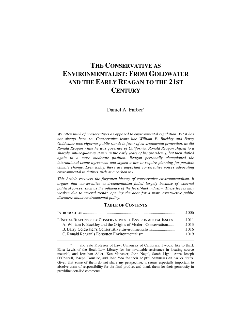 The Conservative As Environmentalist: from Goldwater and the Early Reagan to the 21St Century