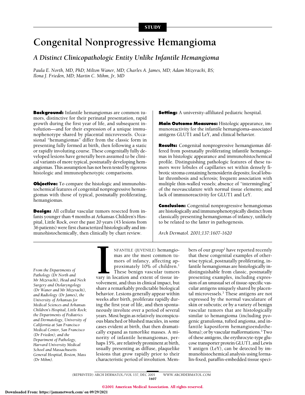 Congenital Nonprogressive Hemangioma a Distinct Clinicopathologic Entity Unlike Infantile Hemangioma