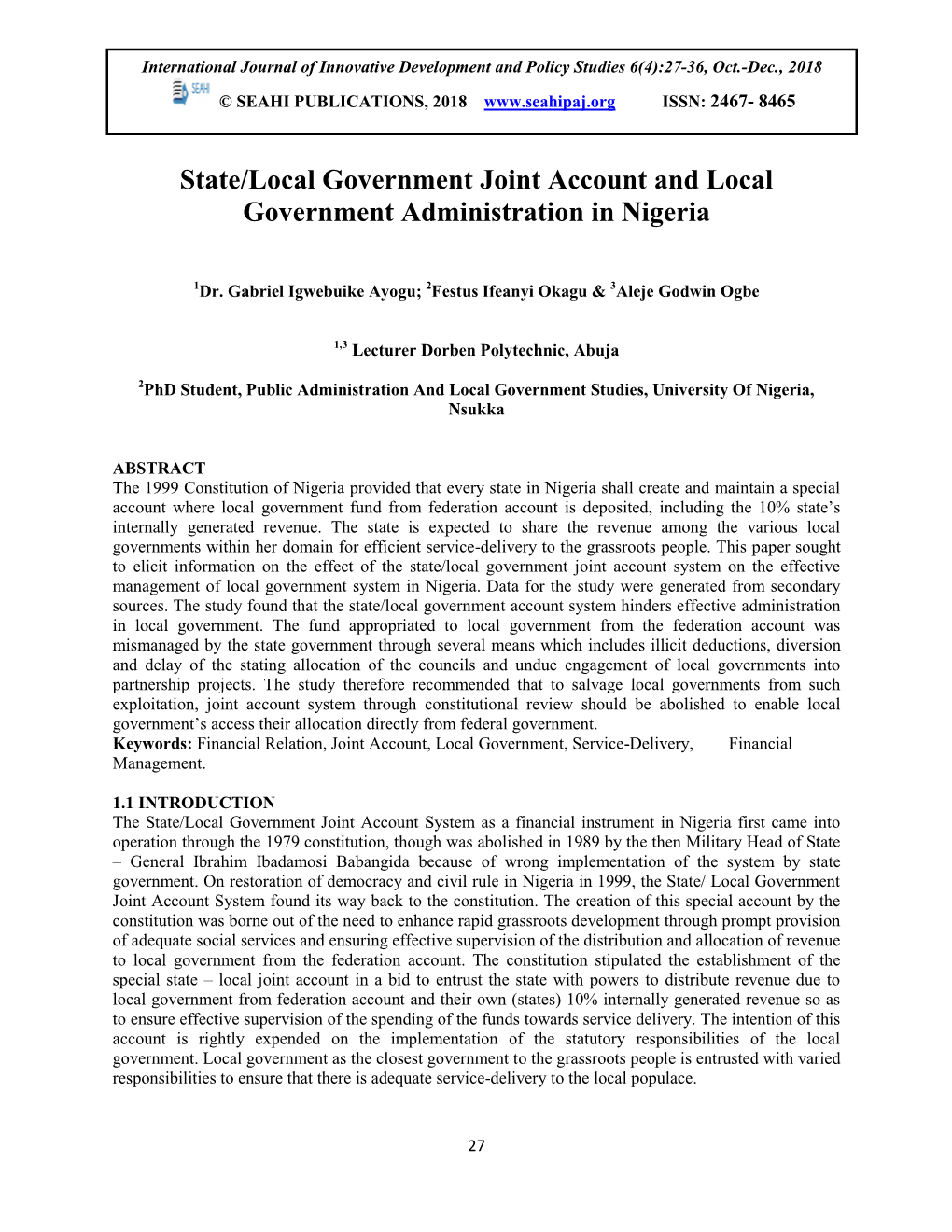 State/Local Government Joint Account and Local Government Administration in Nigeria