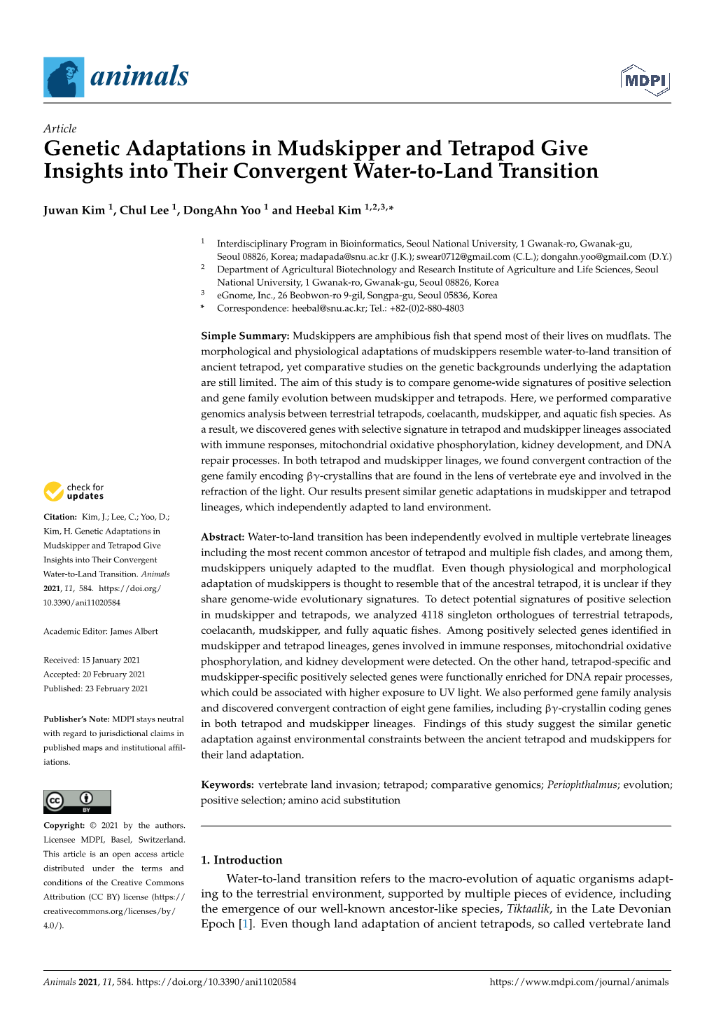 Genetic Adaptations in Mudskipper and Tetrapod Give Insights Into Their Convergent Water-To-Land Transition