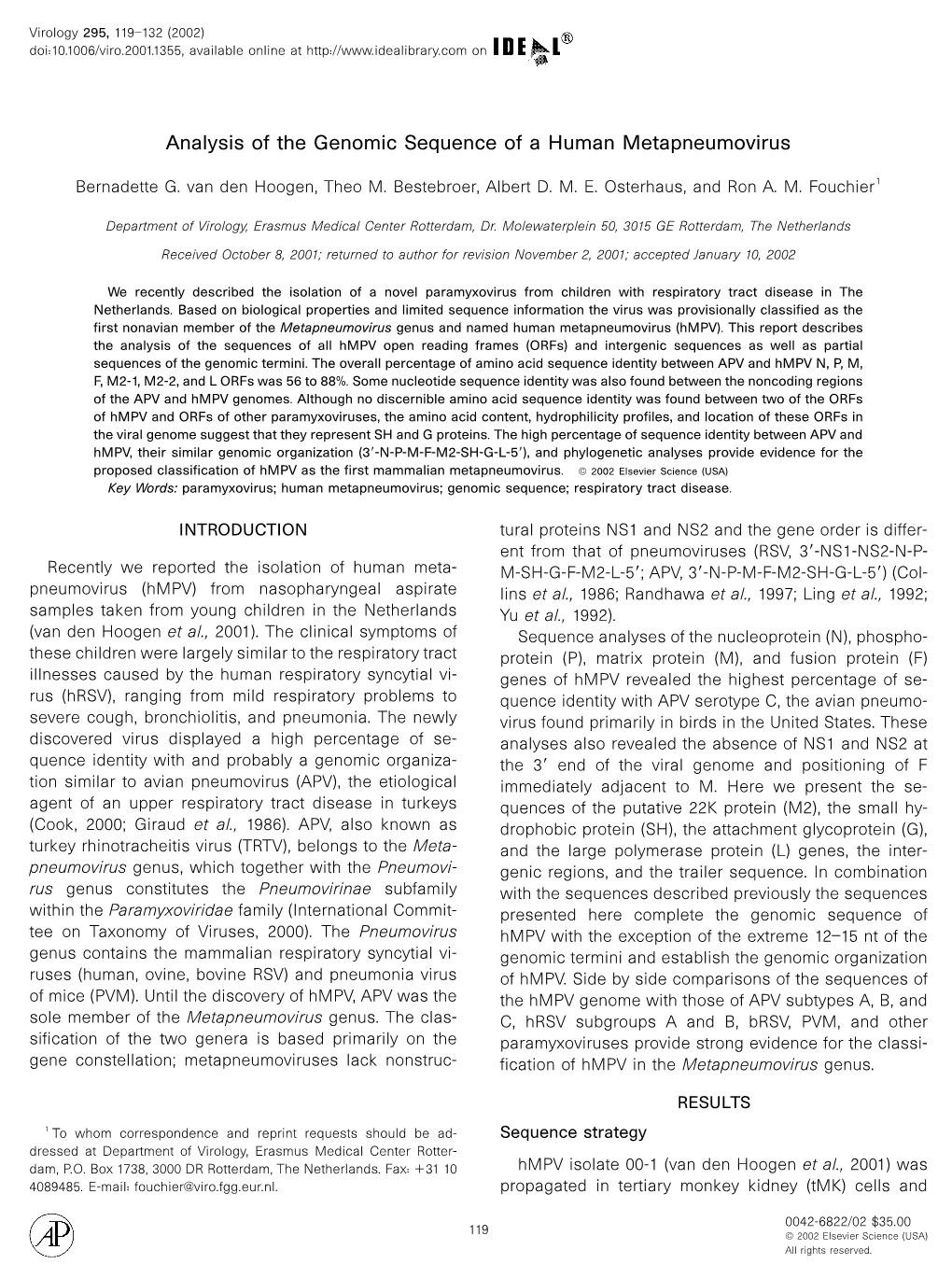 Analysis of the Genomic Sequence of a Human Metapneumovirus