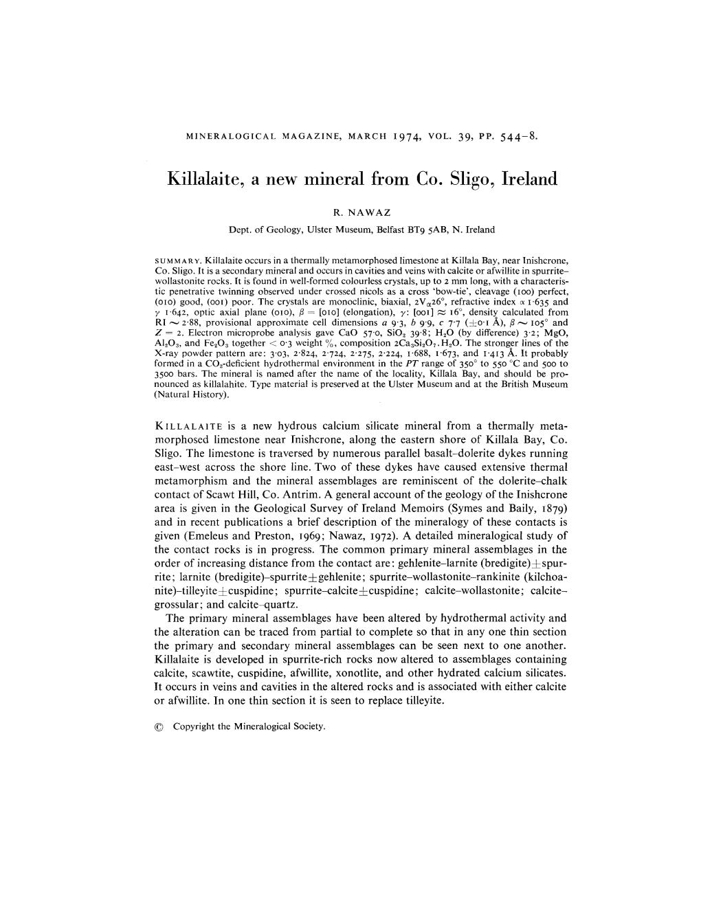 Killalaite, a New Mineral from Co. Sligo, Ireland