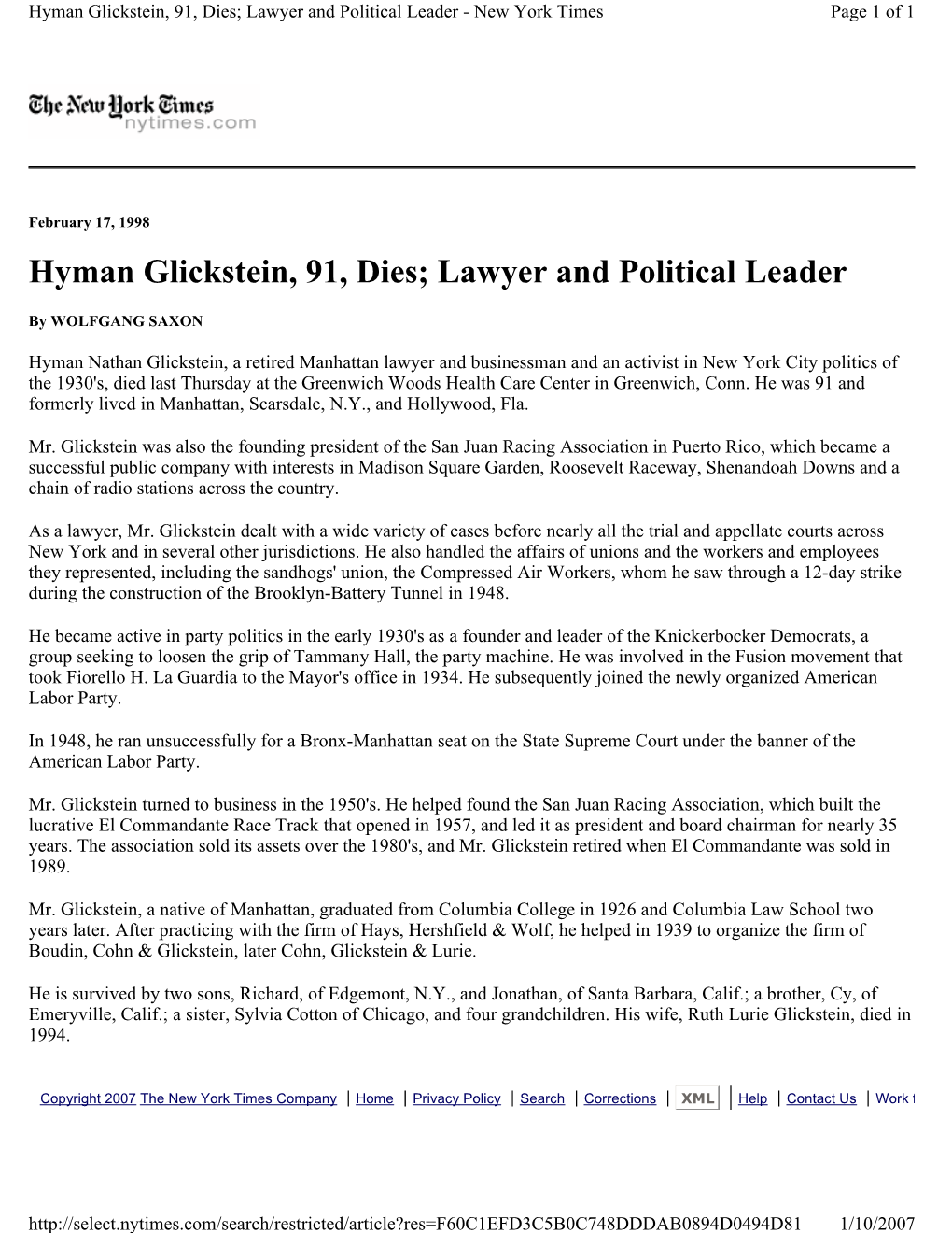 Hyman Glickstein, 91, Dies; Lawyer and Political Leader - New York Times Page 1 of 1