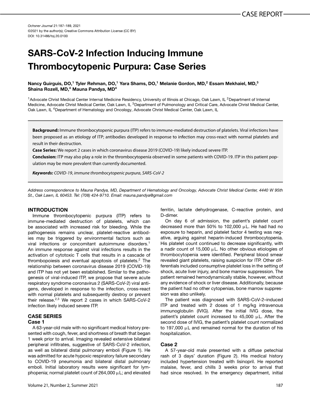 SARS-Cov-2 Infection Inducing Immune Thrombocytopenic Purpura: Case Series