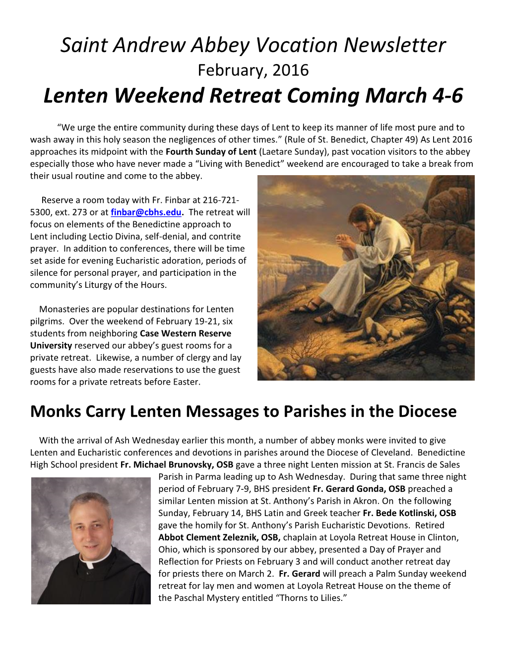 Saint Andrew Abbey Vocation Newsletter Lenten Weekend