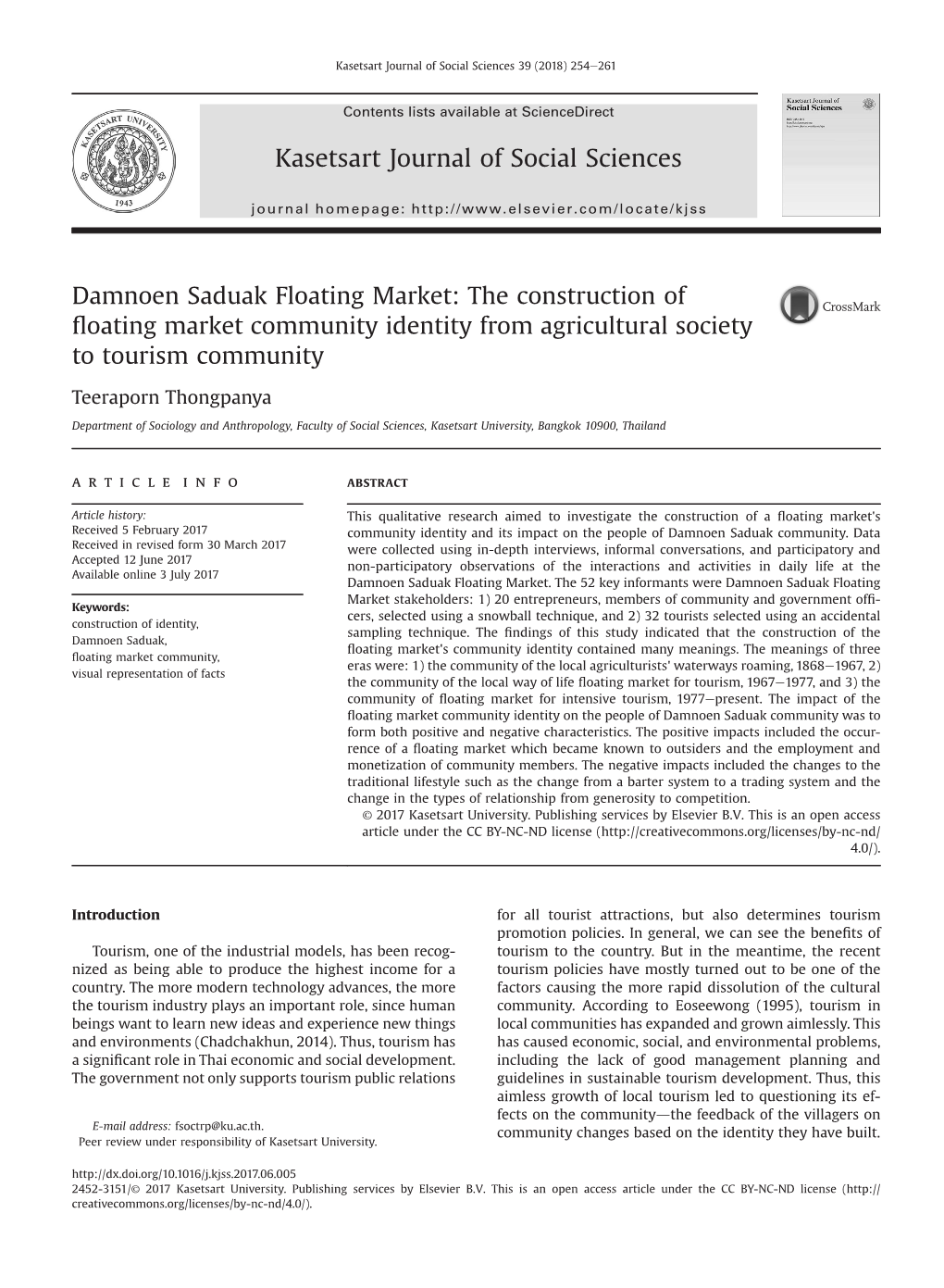 Damnoen Saduak Floating Market: the Construction of ﬂoating Market Community Identity from Agricultural Society to Tourism Community