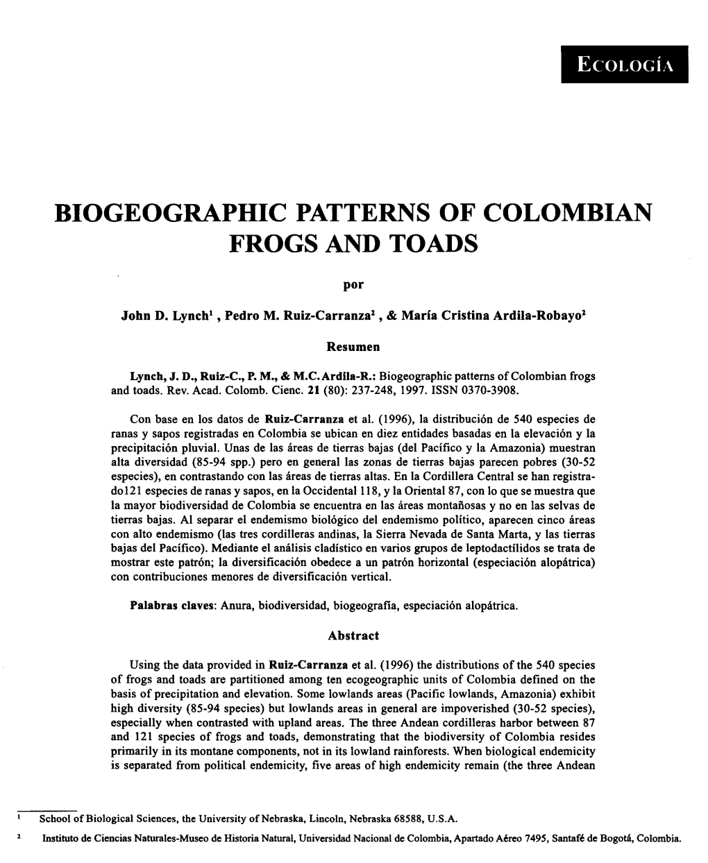 Biogeographic Patterns of Colombian Frogs and Toads