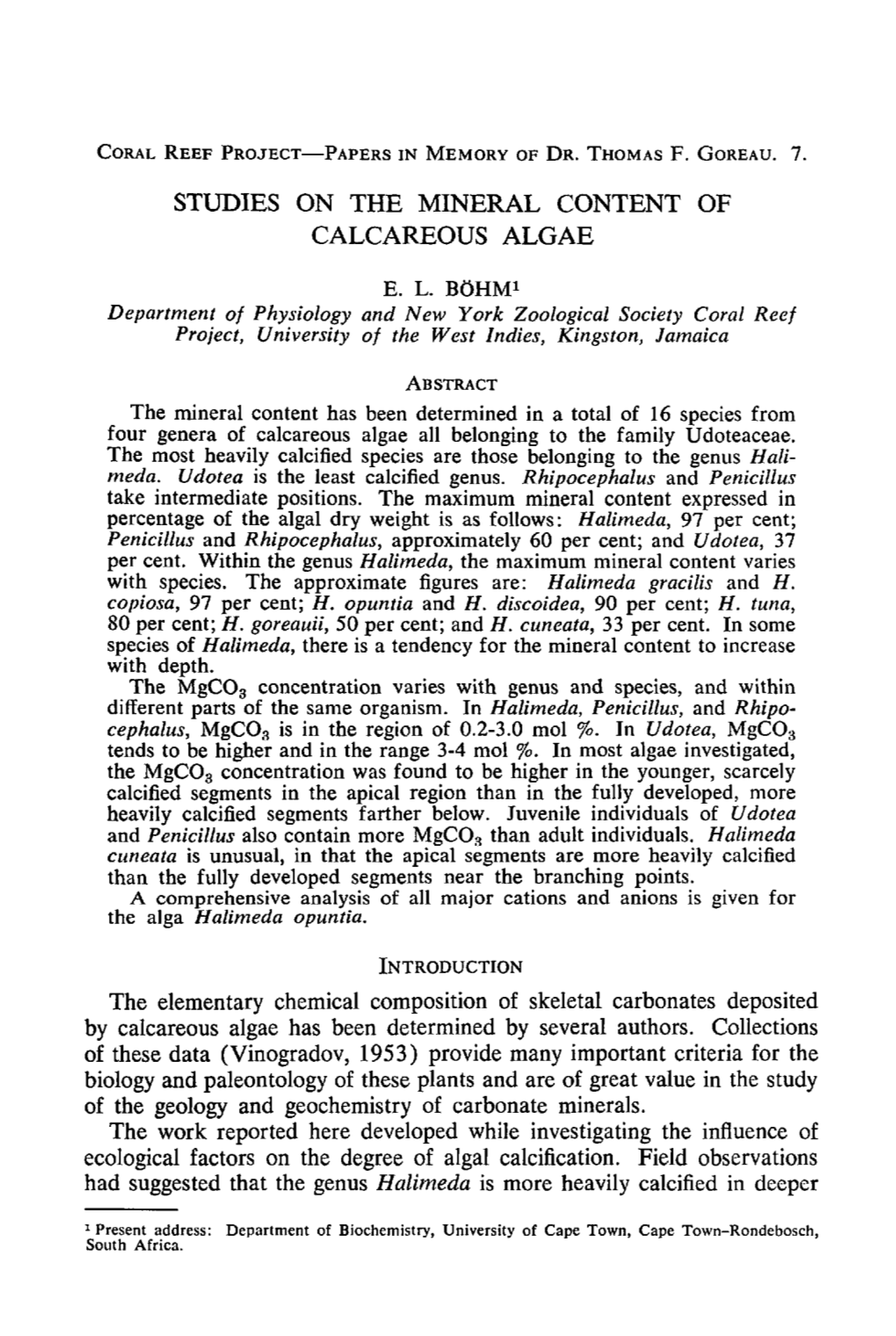 Studies on the Mineral Content of Calcareous Algae