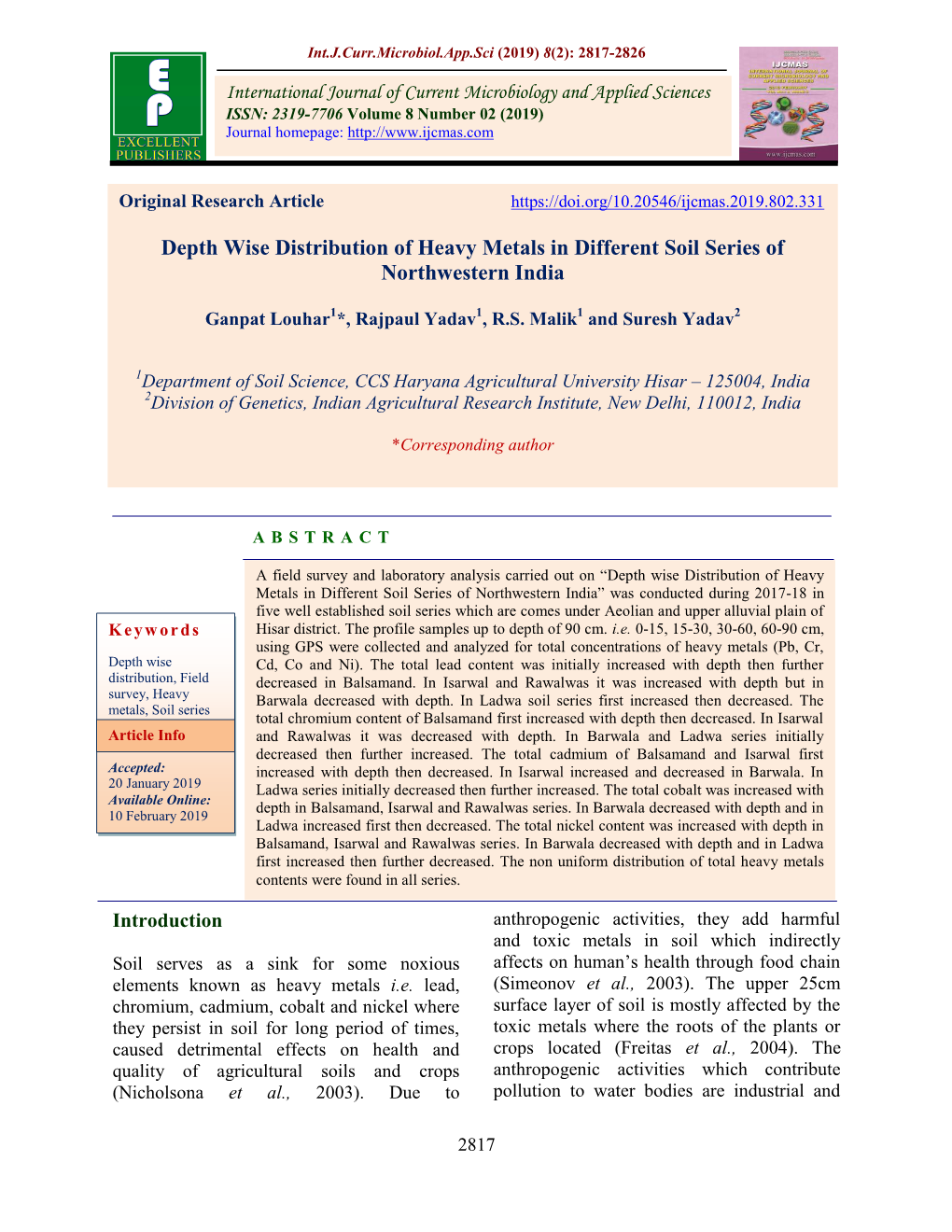 Depth Wise Distribution of Heavy Metals in Different Soil Series of Northwestern India