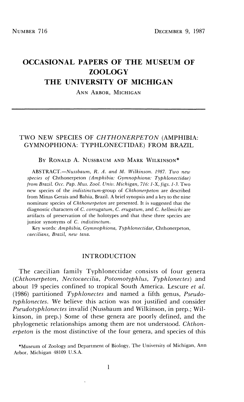 Occasional Papers of the Museum of Zoology the University of Michigan Annarbor, Michigan