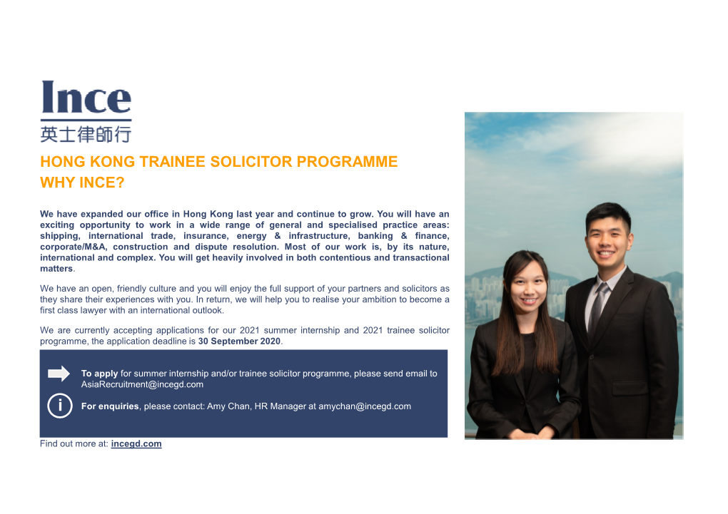 Hong Kong Trainee Solicitor Programme Why Ince?