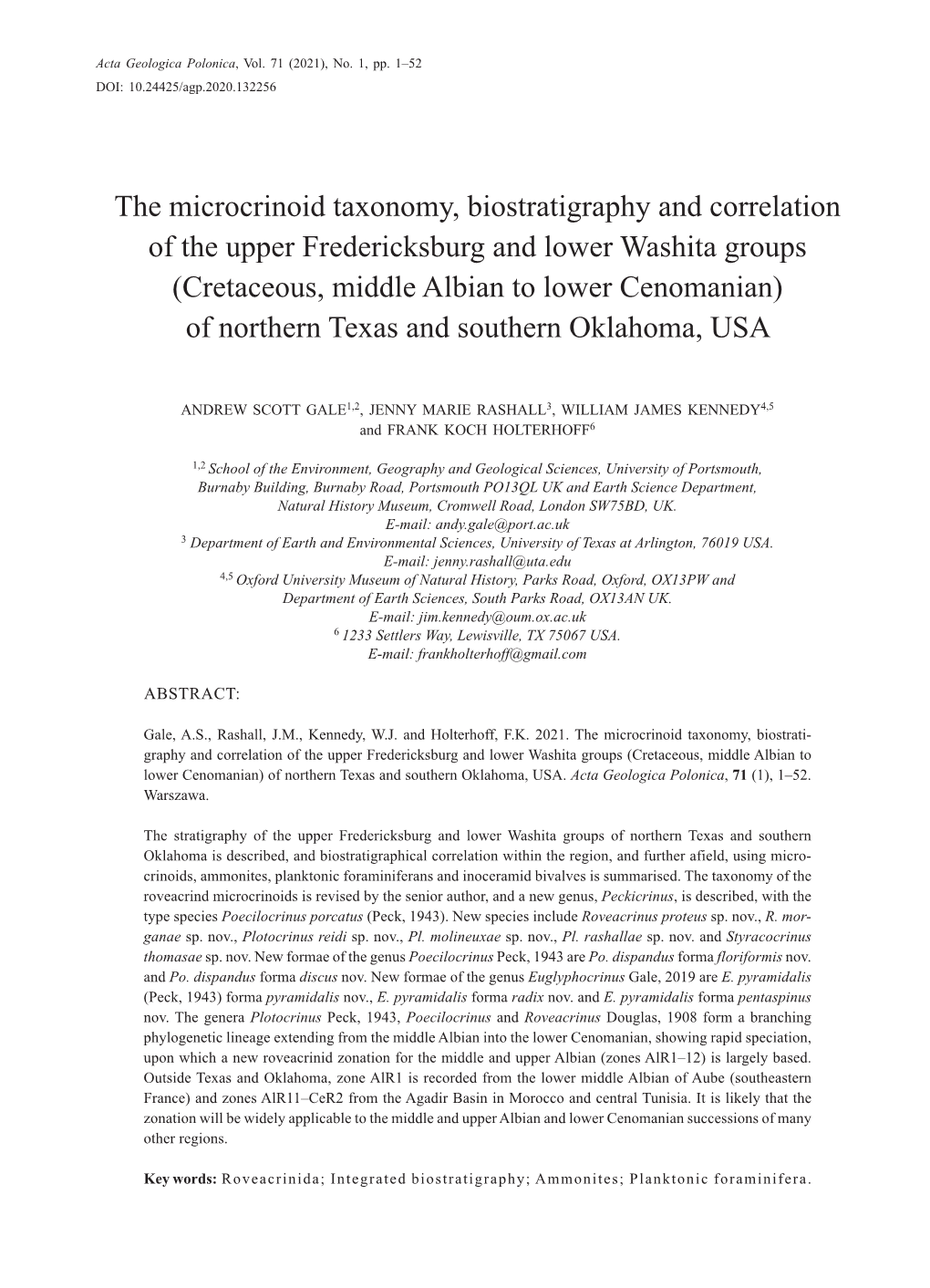 The Microcrinoid Taxonomy, Biostratigraphy and Correlation Of