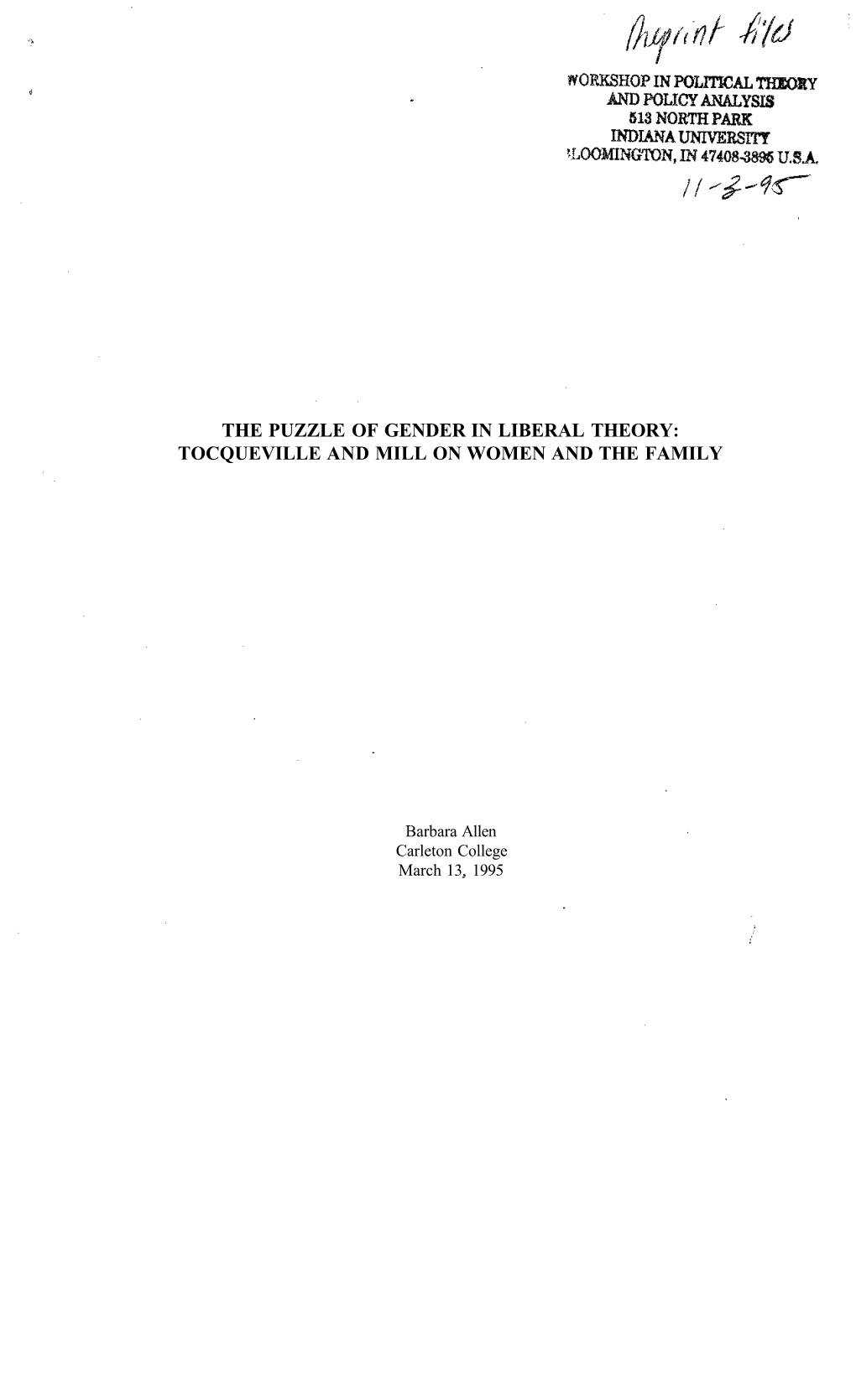 The Puzzle of Gender in Liberal Theory: Tocqueville and Mill on Women and the Family