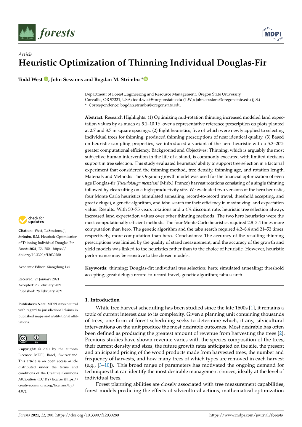 Heuristic Optimization of Thinning Individual Douglas-Fir