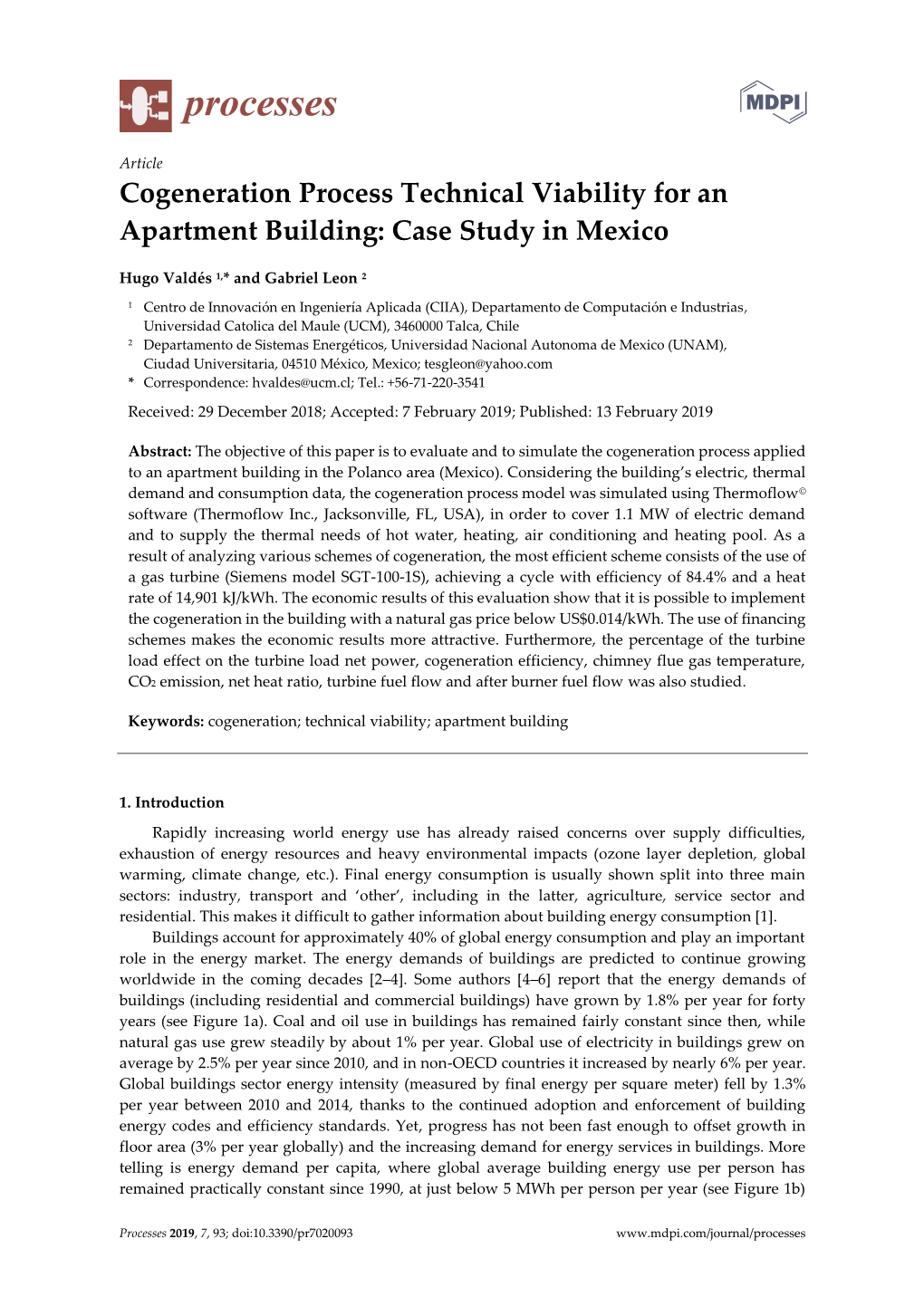 Cogeneration Process Technical Viability for an Apartment Building: Case Study in Mexico