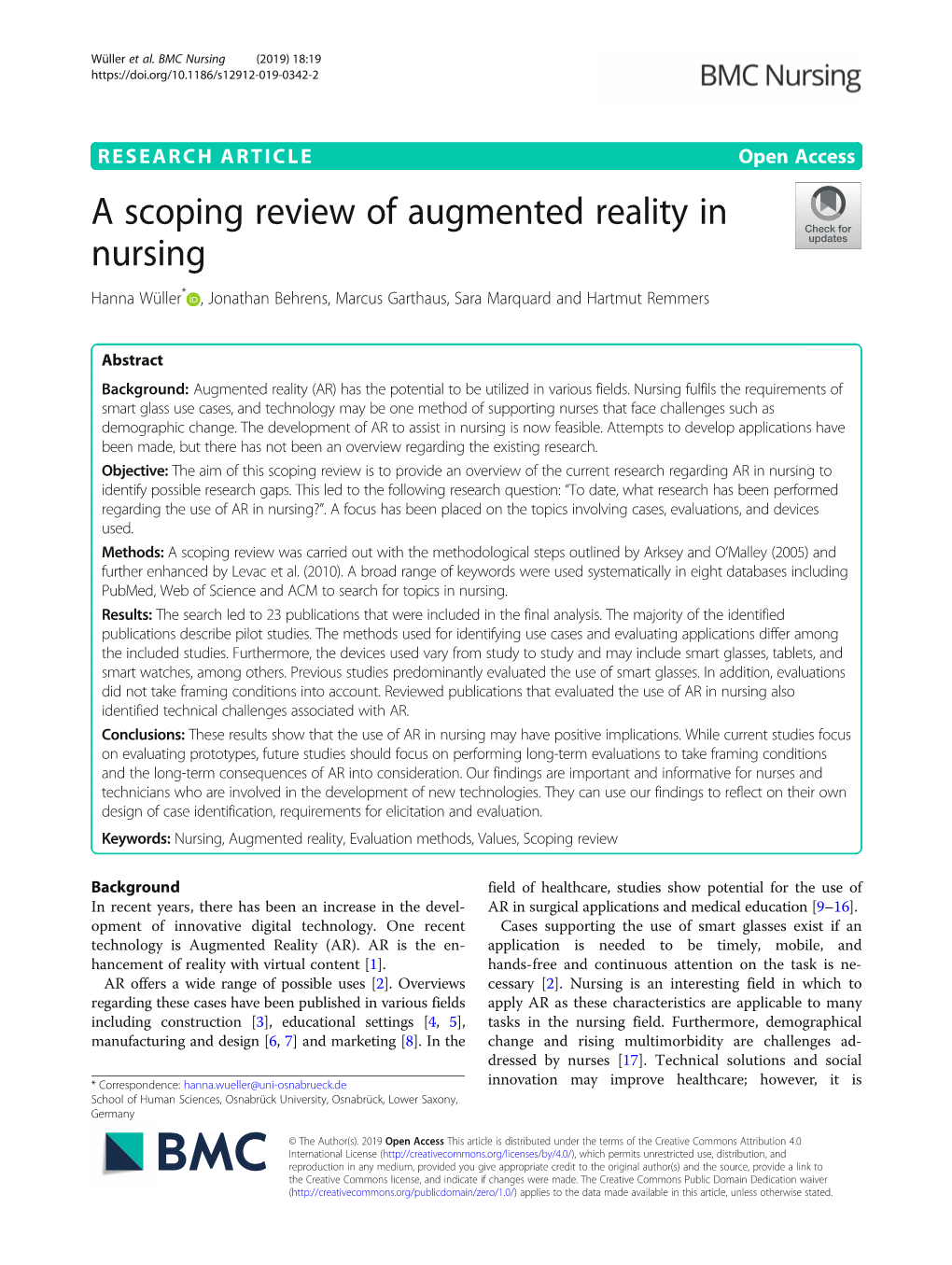 A Scoping Review of Augmented Reality in Nursing Hanna Wüller* , Jonathan Behrens, Marcus Garthaus, Sara Marquard and Hartmut Remmers