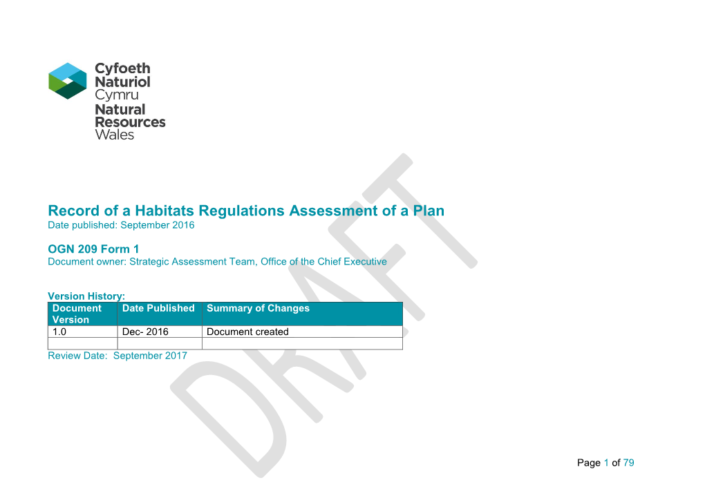 Record of a Habitats Regulations Assessment of a Plan Date Published: September 2016