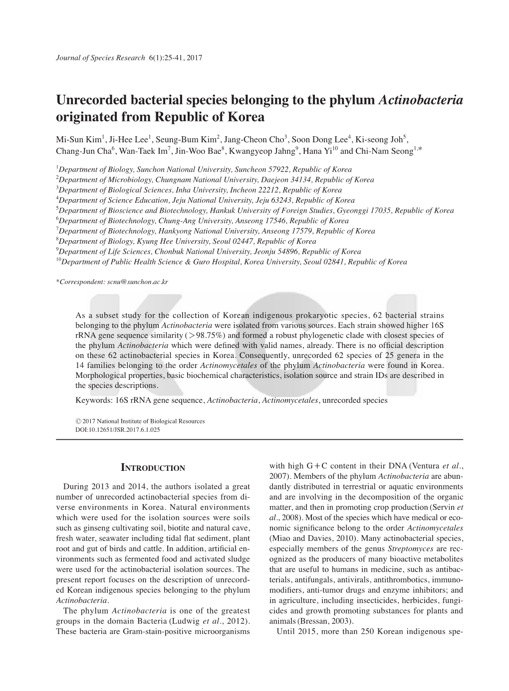 Unrecorded Bacterial Species Belonging to the Phylum Actinobacteria Originated from Republic of Korea