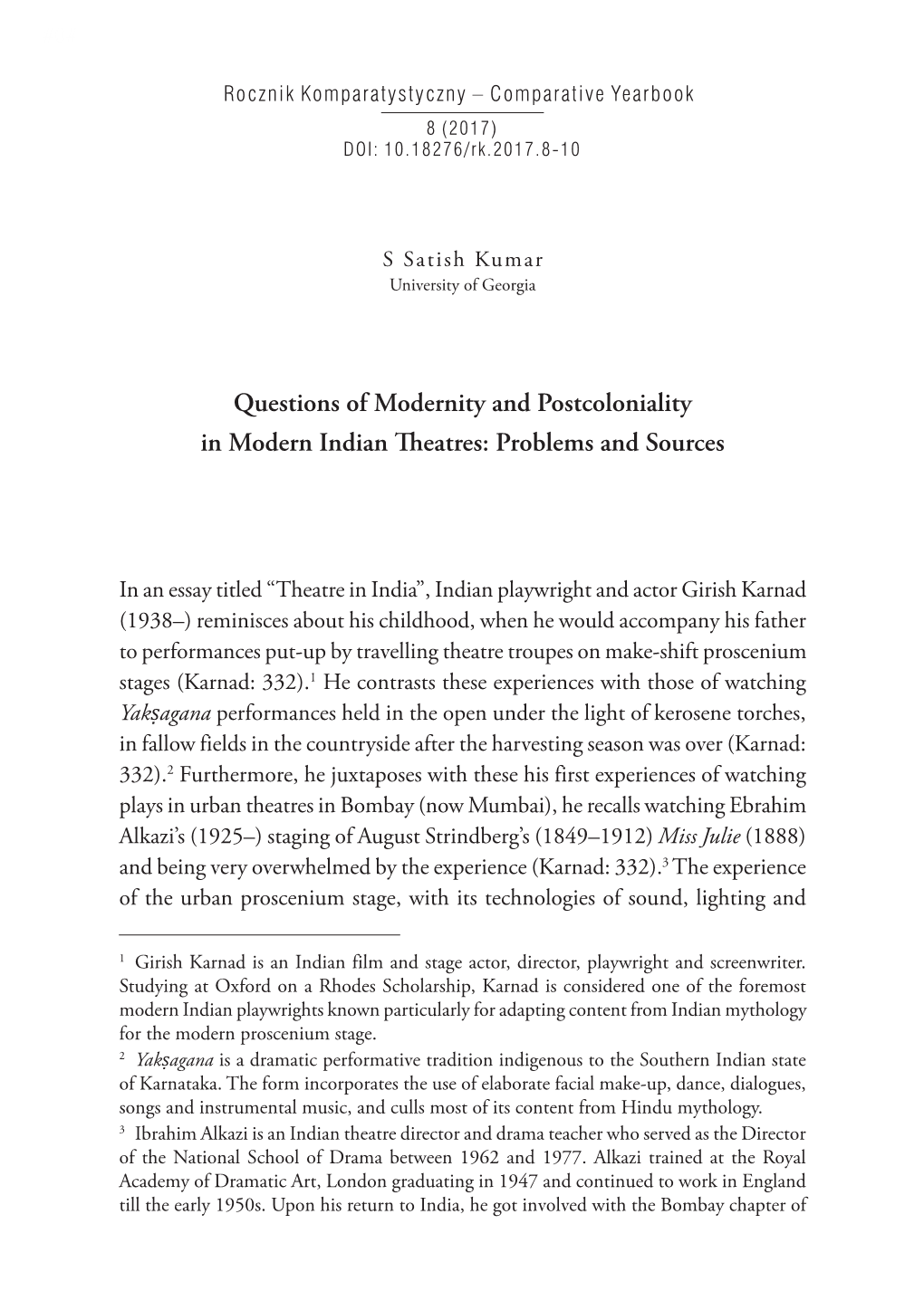 Questions of Modernity and Postcoloniality in Modern Indian Theatres: Problems and Sources