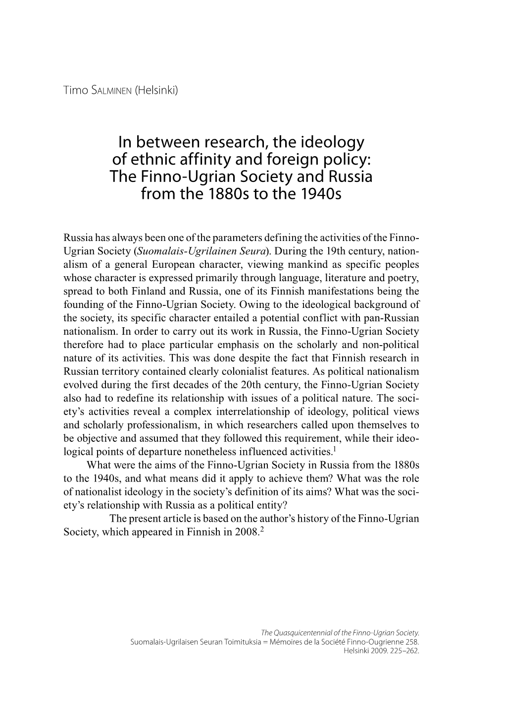 The Finno-Ugrian Society and Russia from the 1880S to the 1940S