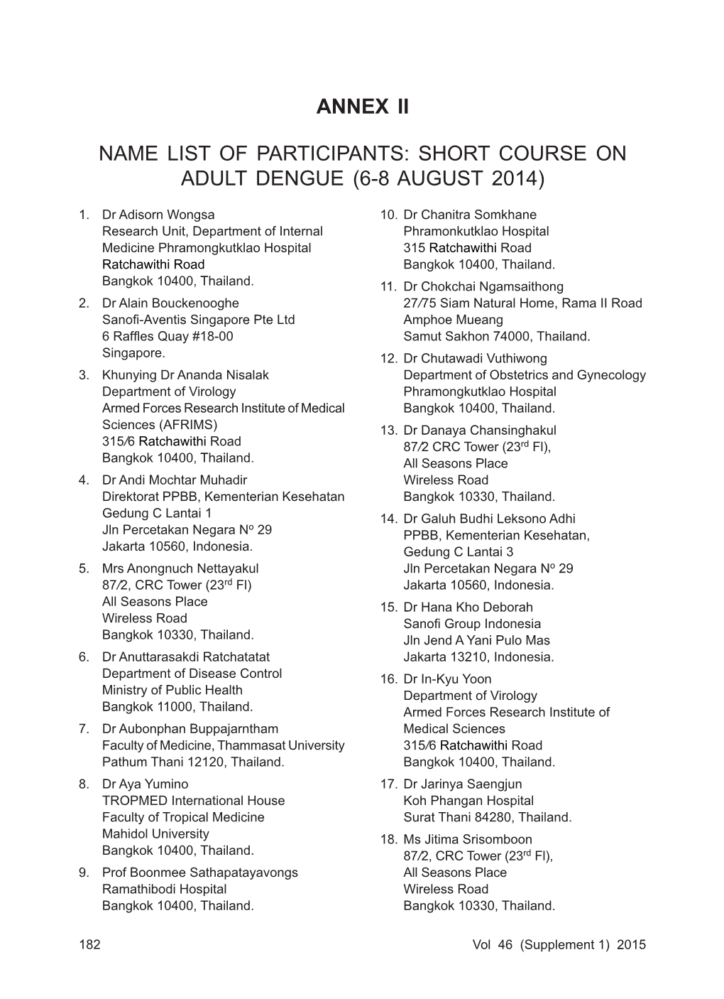 Annex Ii Name List of Participants: Short Course on Adult Dengue (6-8