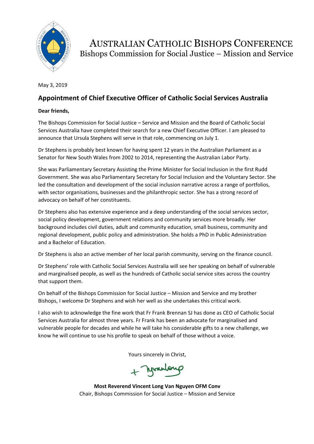 AUSTRALIAN CATHOLIC BISHOPS CONFERENCE Bishops Commission for Social Justice – Mission and Service