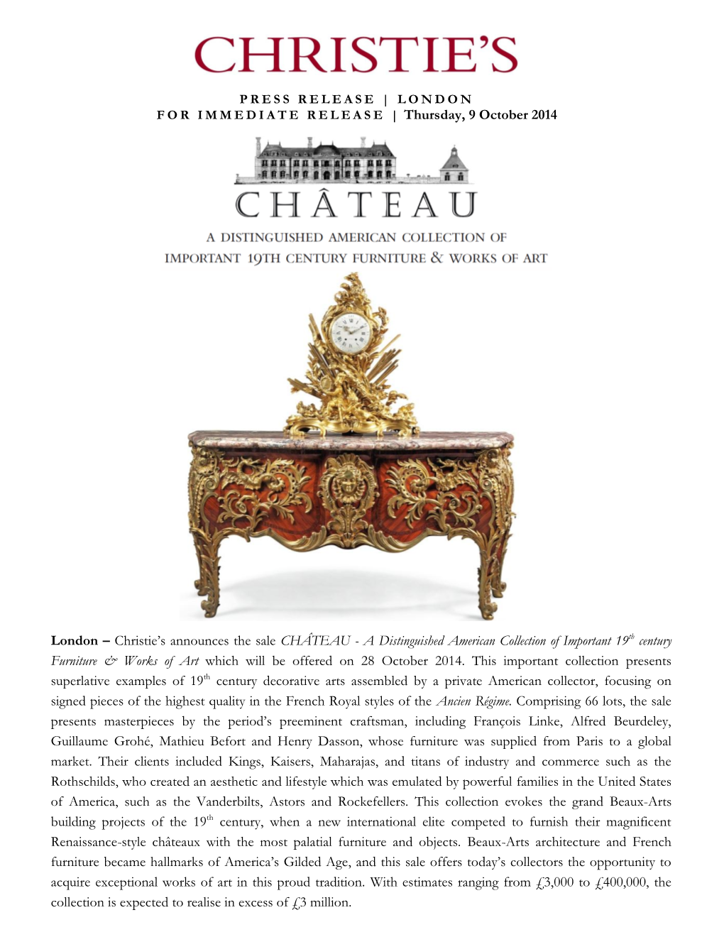 A Distinguished American Collection of Important 19Th Century Furniture & Works of Art Which Will Be Offered on 28 October 2014