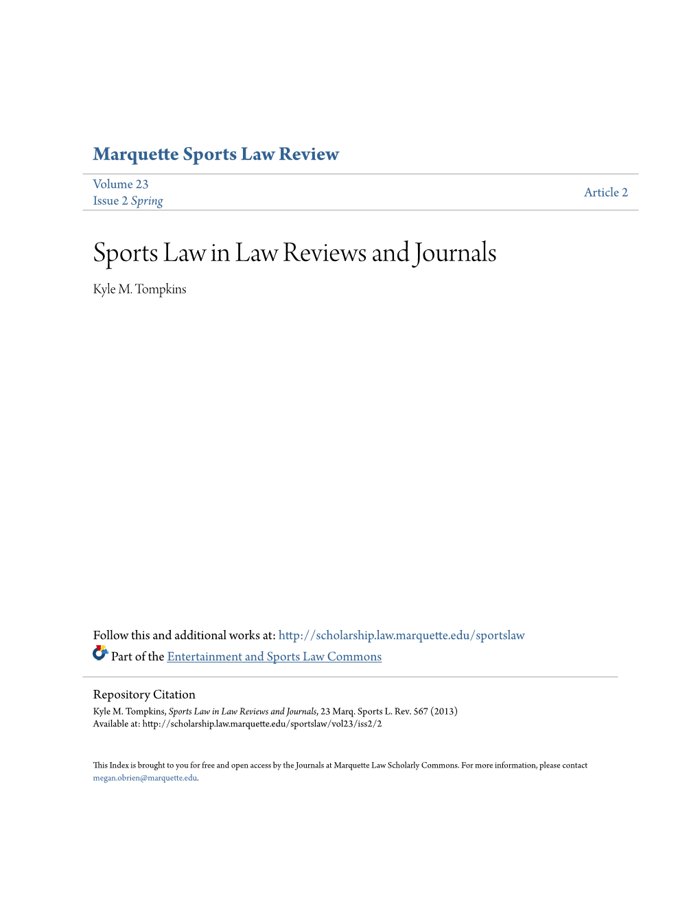 Sports Law in Law Reviews and Journals Kyle M