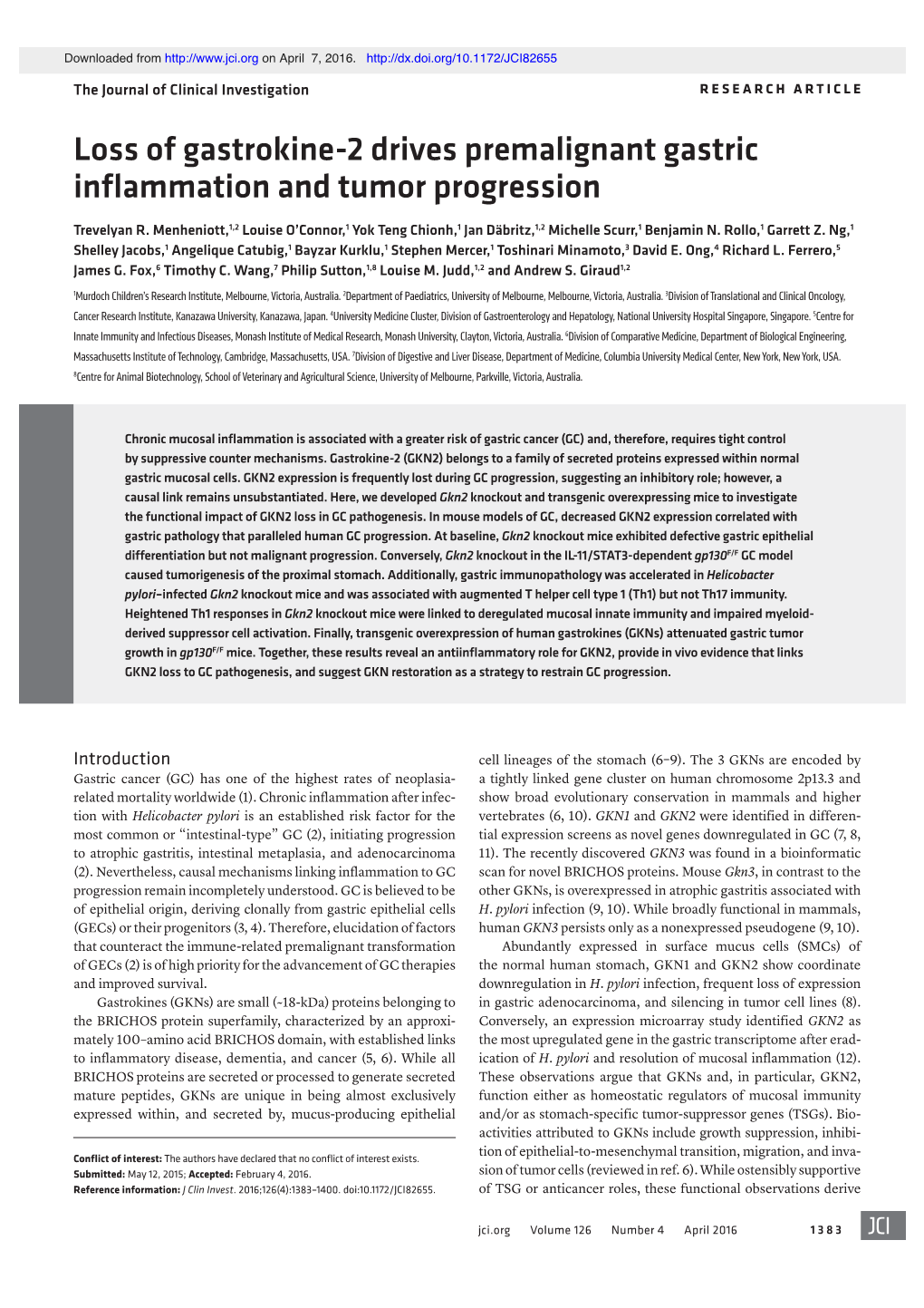 Loss of Gastrokine-2 Drives Premalignant Gastric Inflammation and Tumor Progression