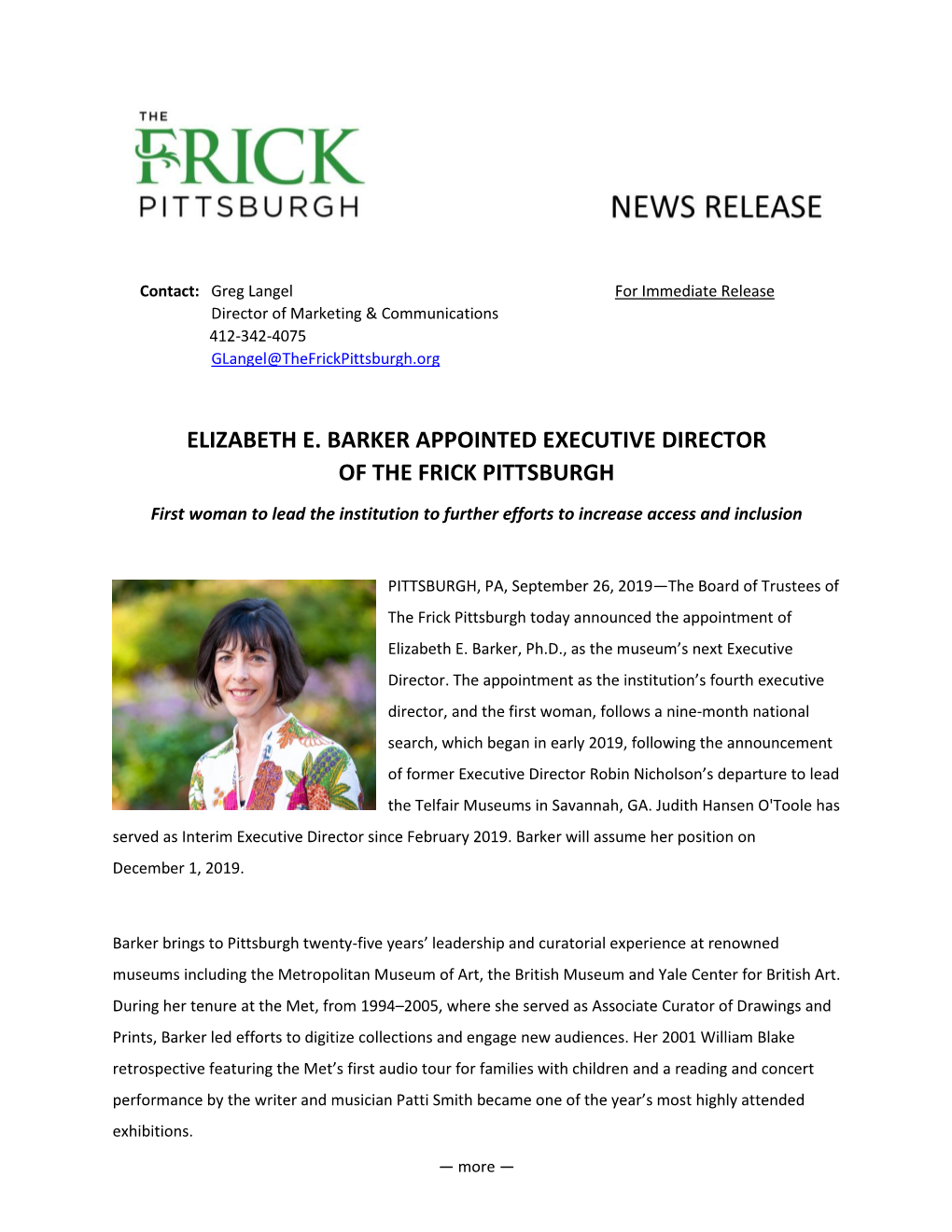 Elizabeth E. Barker Appointed Executive Director of the Frick Pittsburgh