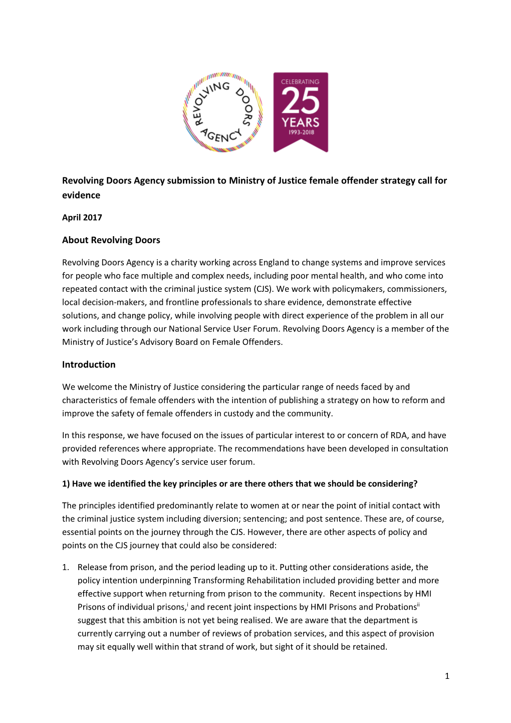 Response to Ministry of Justice Female Offender Strategy