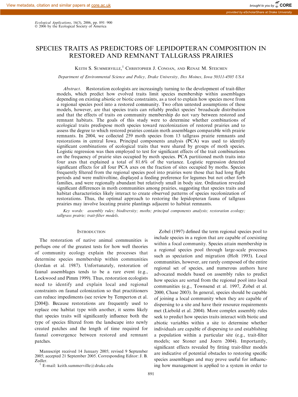 Species Traits As Predictors of Lepidopteran Composition in Restored and Remnant Tallgrass Prairies