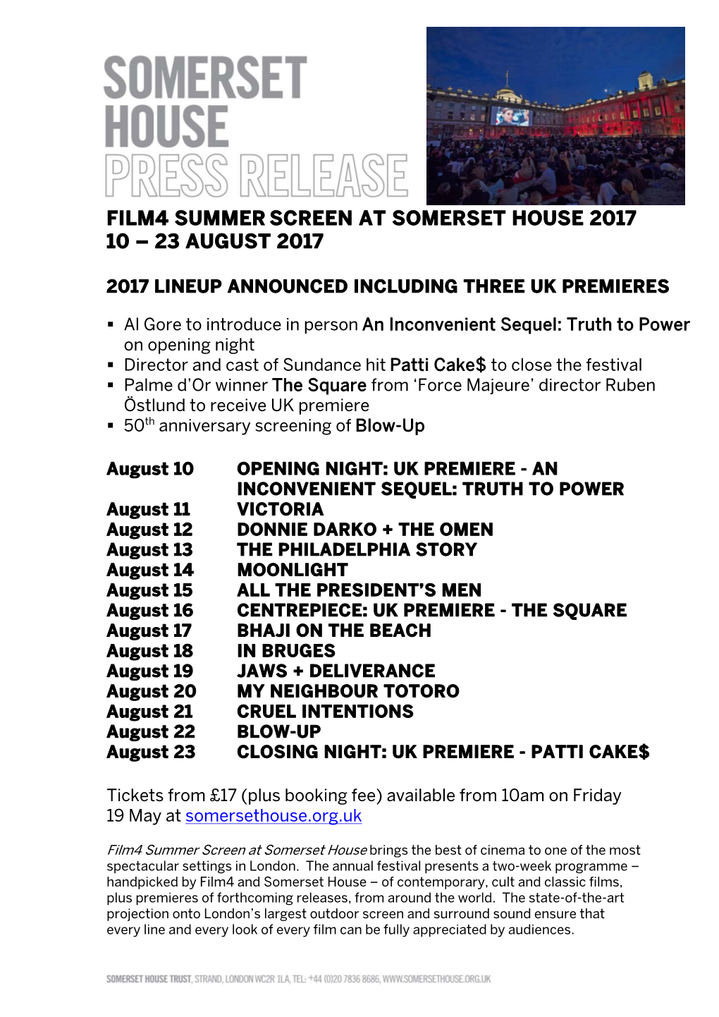 Film4 Summer Screen at Somerset House 2017 10 – 23 August 2017