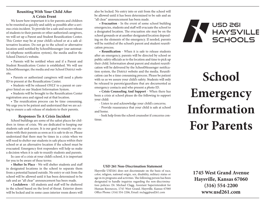 School Emergency Information for Parents Brochure
