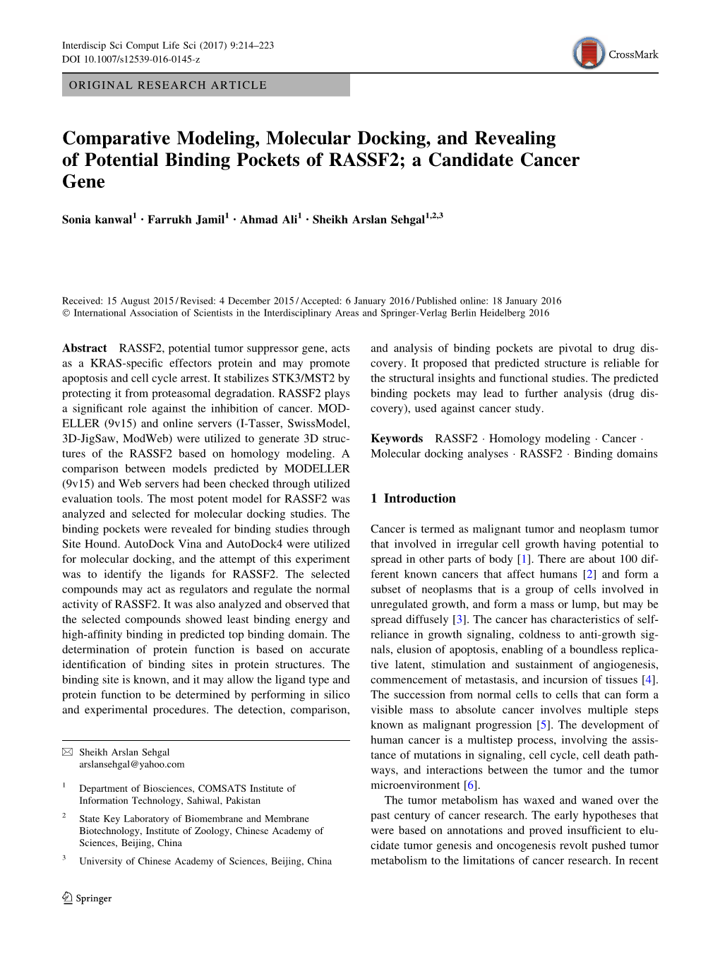 Comparative Modeling, Molecular Docking, and Revealing of Potential Binding Pockets of RASSF2; a Candidate Cancer Gene