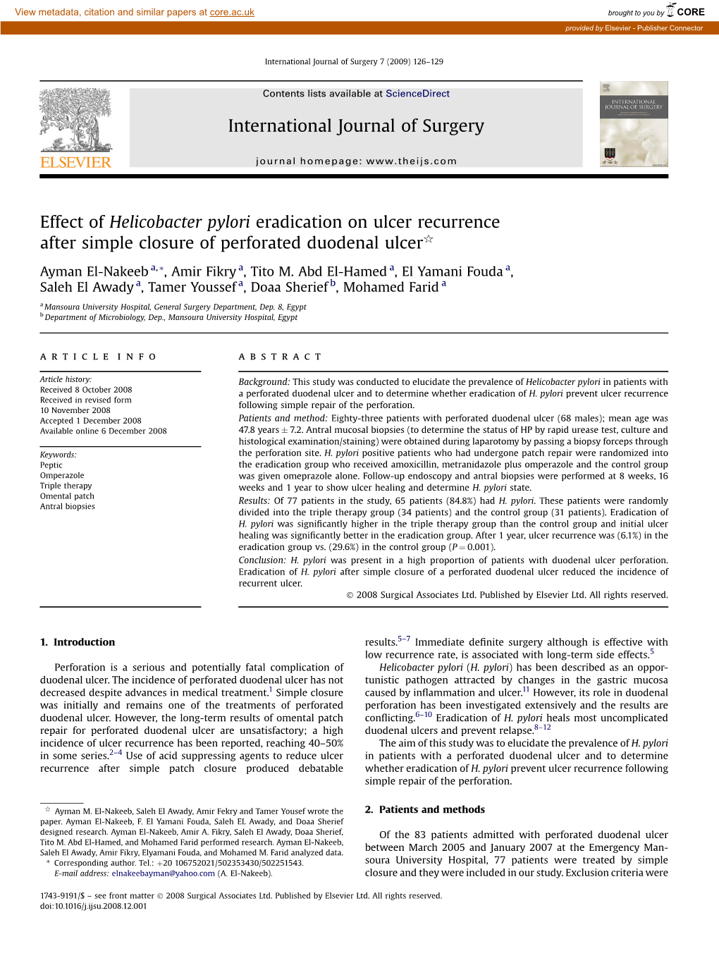 Effect of Helicobacter Pylori Eradication on Ulcer Recurrence After Simple Closure of Perforated Duodenal Ulcerq