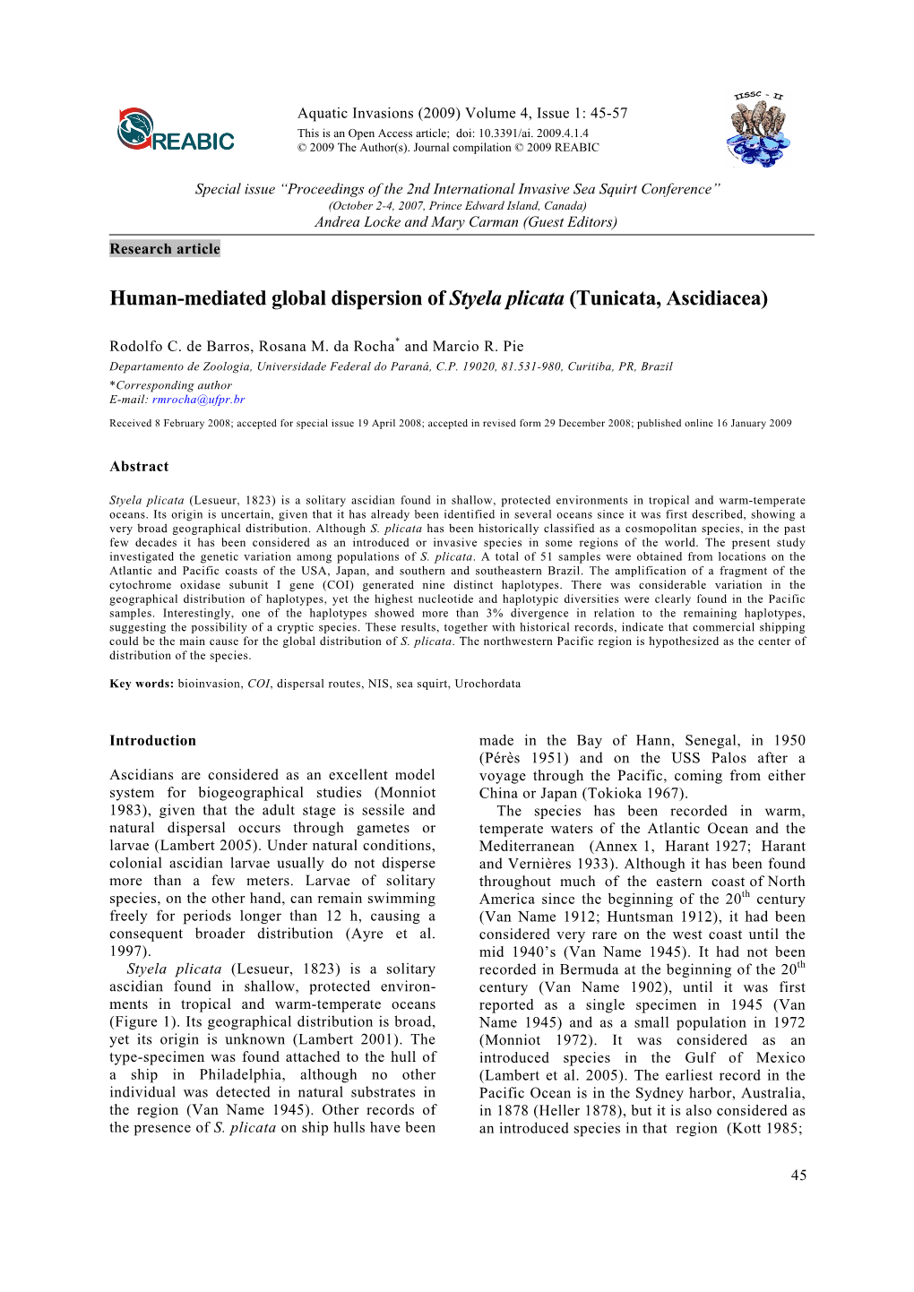 Human-Mediated Global Dispersion of Styela Plicata (Tunicata, Ascidiacea)