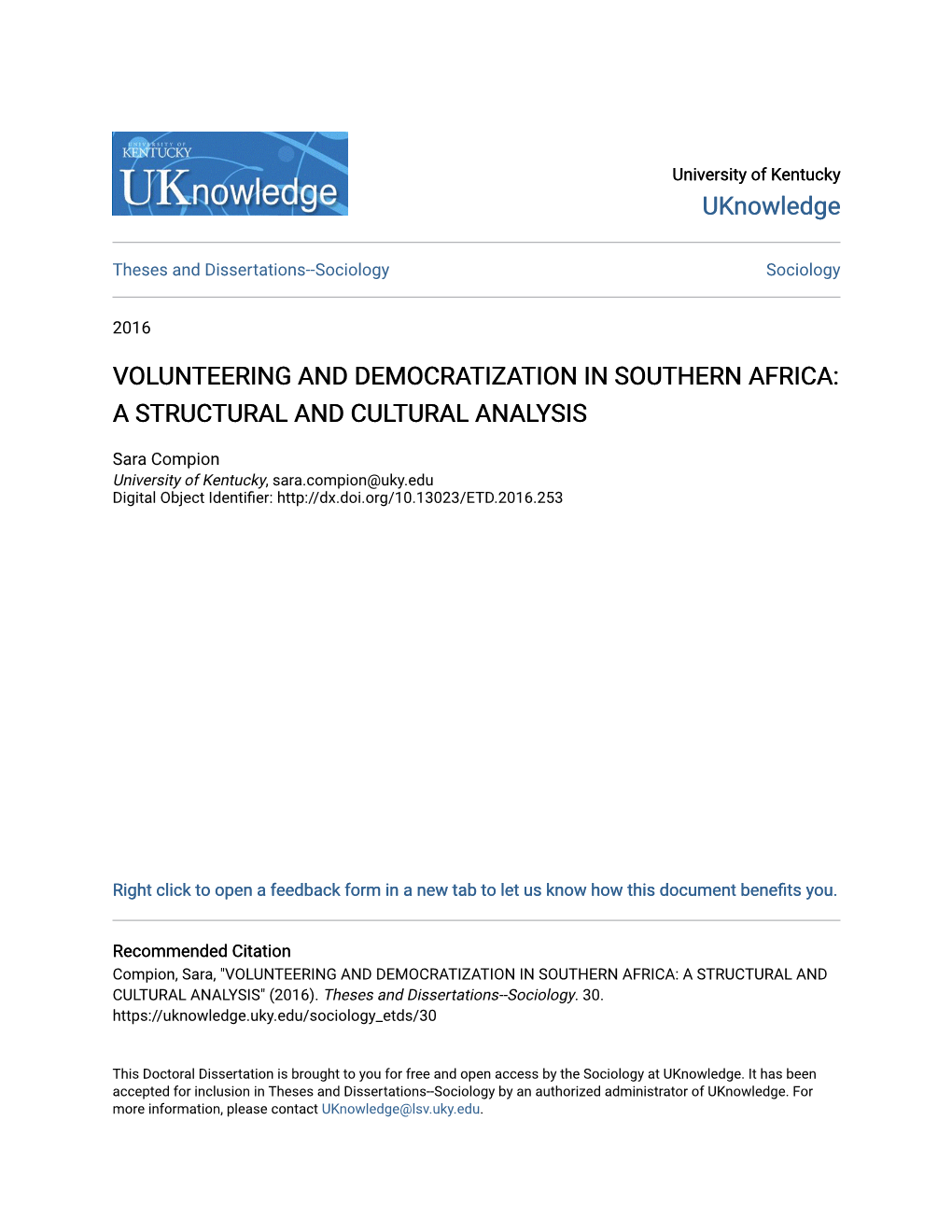 Volunteering and Democratization in Southern Africa: a Structural and Cultural Analysis