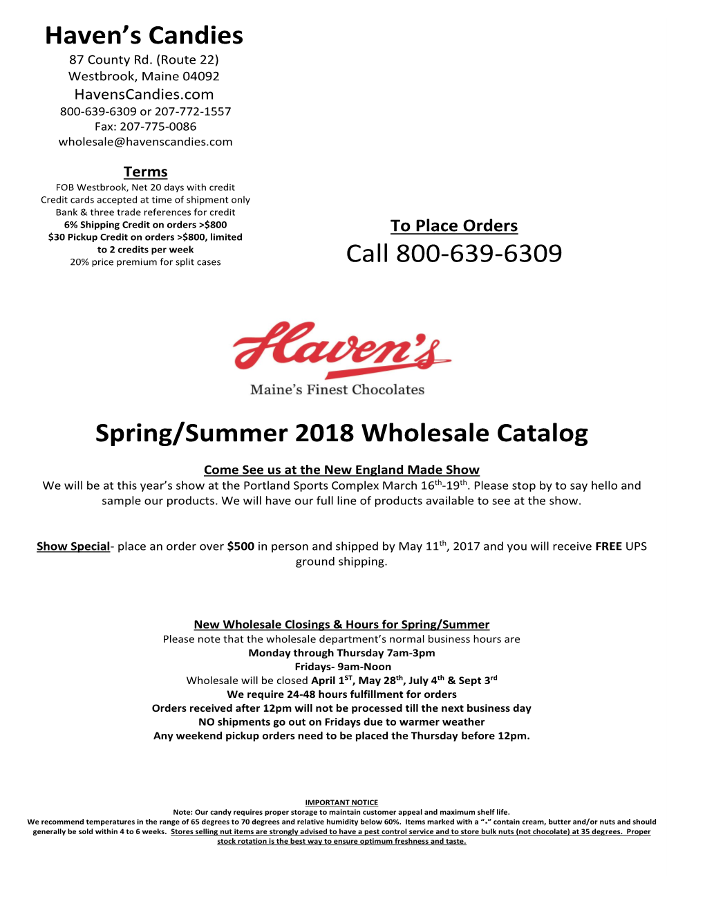 Haven's Candies Call 800-639-6309 Spring/Summer 2018 Wholesale