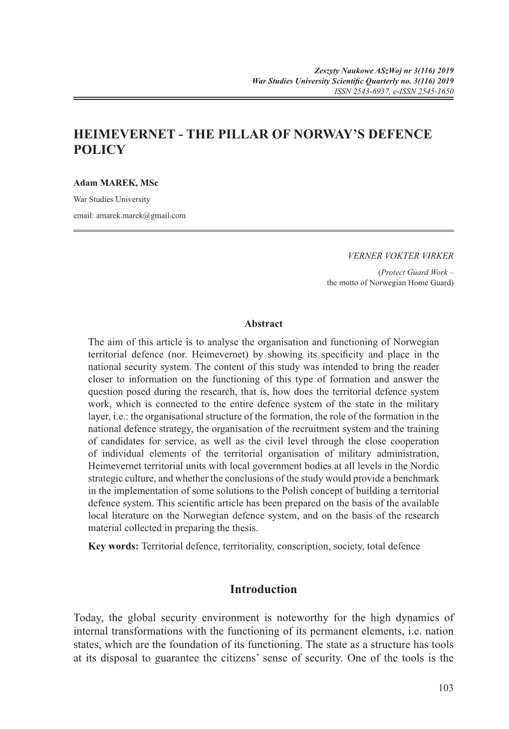 Heimevernet - the Pillar of Norway’S Defence Policy